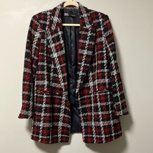 Zara tweed long blazer black White red